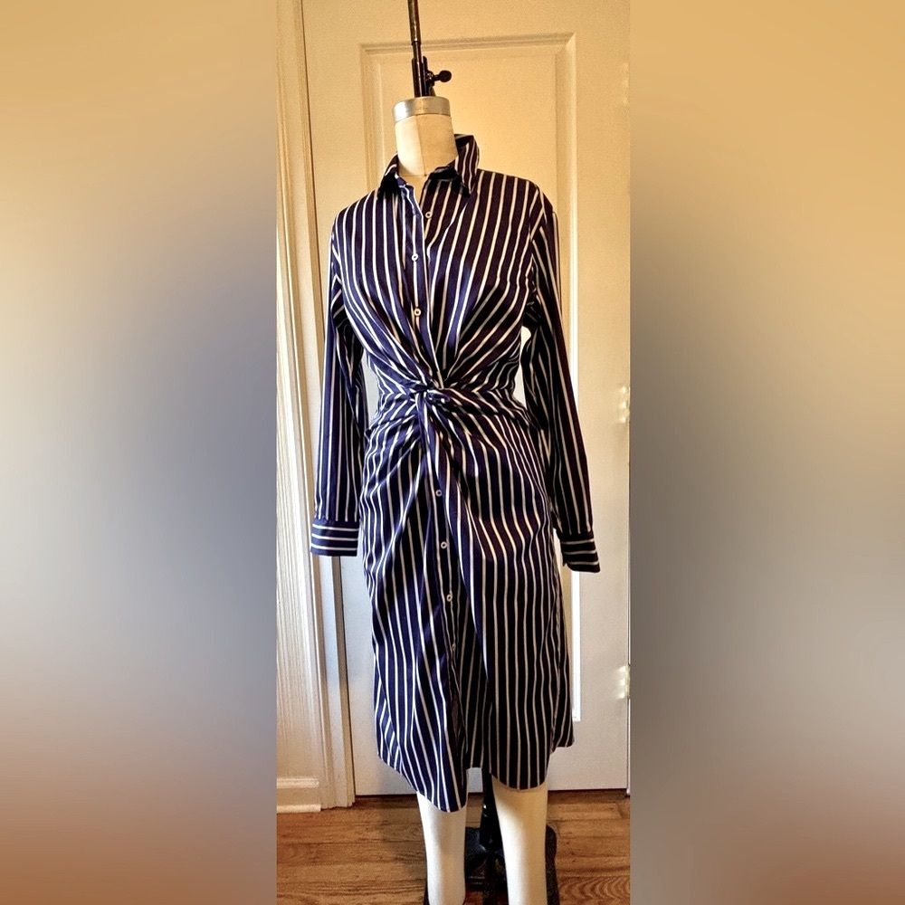 Zara Blue and White Long Sleeve Shirt Dress